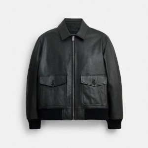 Black Men COACH® Leather Bomber Jacket | 97105OFYP