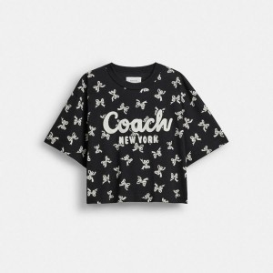 Black Women COACH® Bow Print Cursive Signature Cropped T-Shirt | 40372KWQF