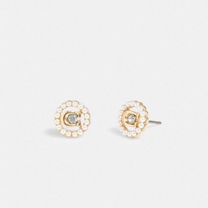Gold Women COACH® Signature Crystal Pearl Stud Earrings Jewelry | 78930TQOU