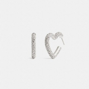 Silver Women COACH® Pavé Heart Hoop Earrings Jewelry | 50784ZSBQ