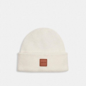 White Women COACH® Knit With Leather Patch Beanie | 83501VPQK
