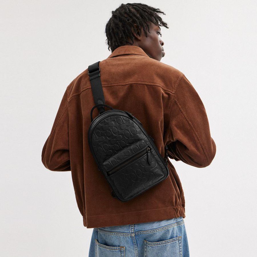 Black Men COACH® Charter Pack In Signature Leather Backpack | 03672QDWJ