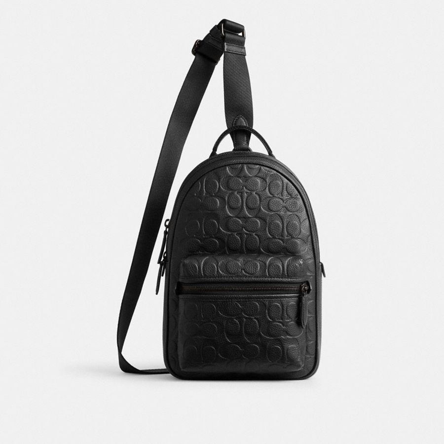 Black Men COACH® Charter Pack In Signature Leather Backpack | 03672QDWJ