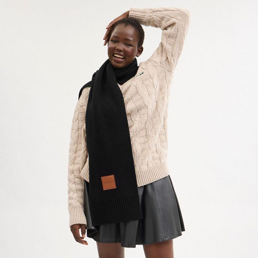 Black Men COACH® Knit Muffler With Leather Patch Scarf | 76428JRGB