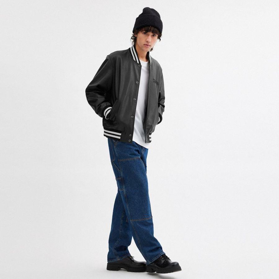 Black Men COACH® Leather Varsity Jacket | 63984AYIP