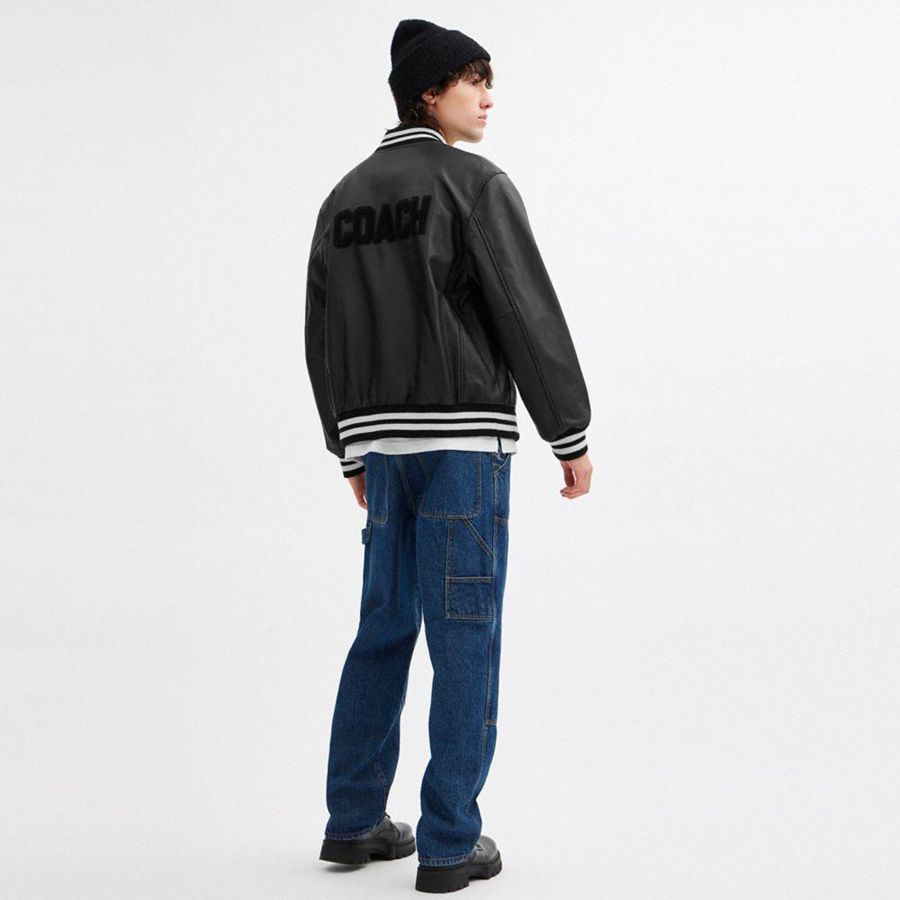 Black Men COACH® Leather Varsity Jacket | 63984AYIP
