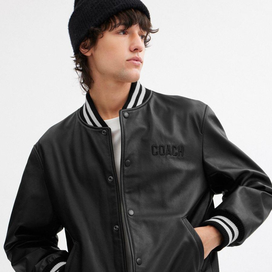 Black Men COACH® Leather Varsity Jacket | 63984AYIP