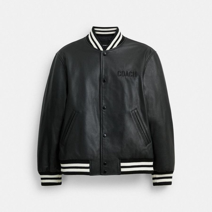 Black Men COACH® Leather Varsity Jacket | 63984AYIP