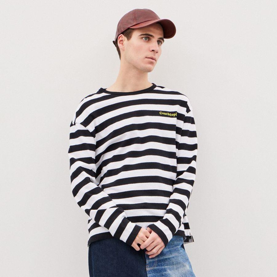 Black Men COACH® Long Sleeve With Stripe Pattern T-Shirt | 09452KRYO