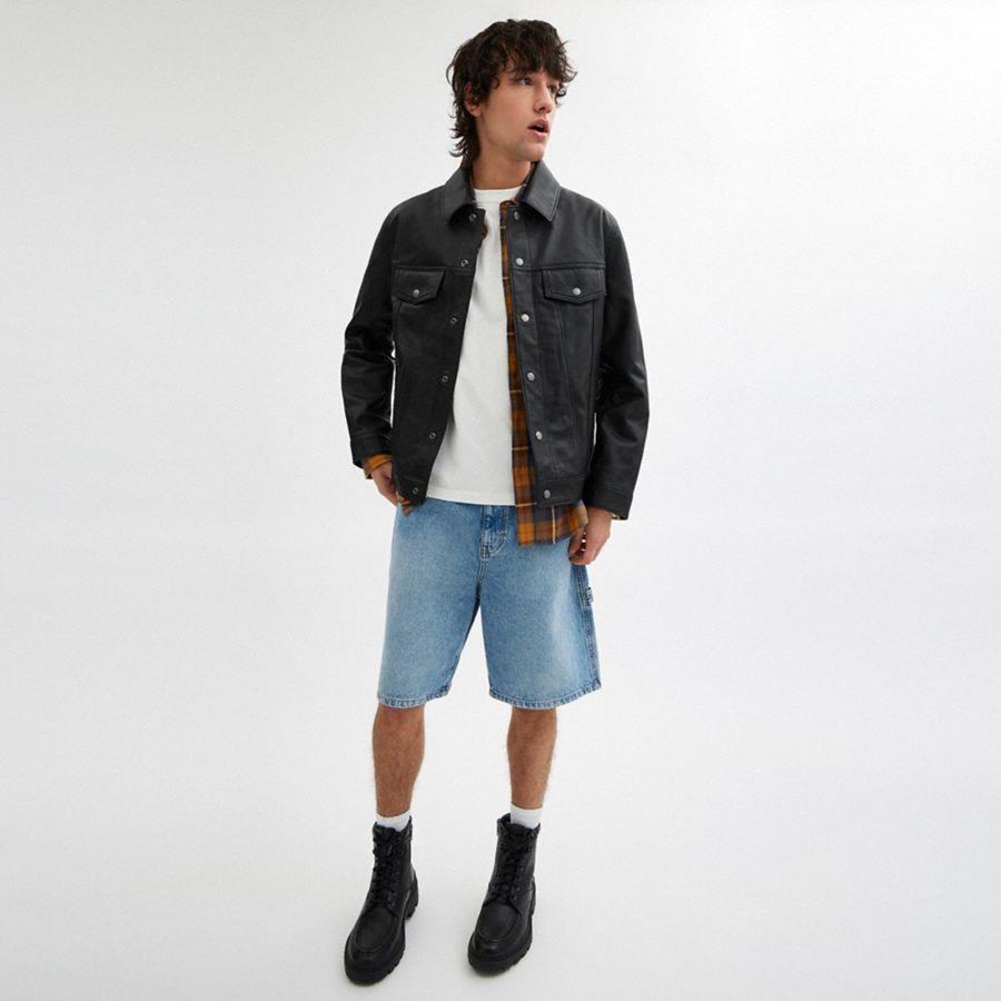 Black Men COACH® Regnerative Leather Trucker Jacket | 39701GZYH