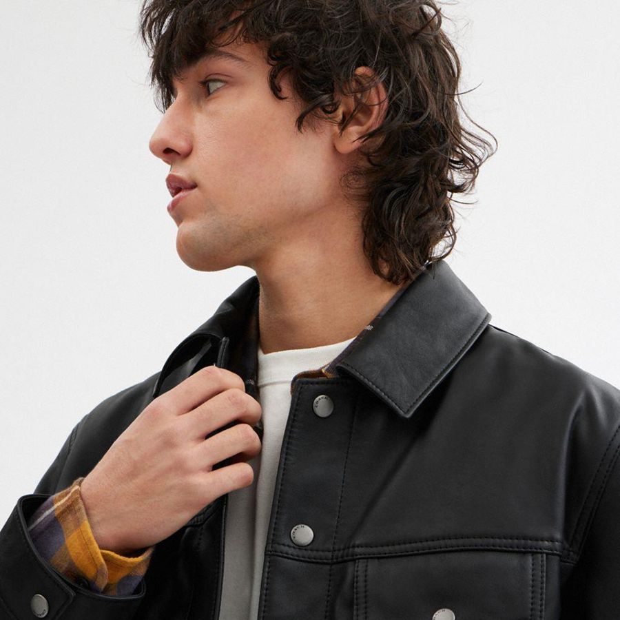 Black Men COACH® Regnerative Leather Trucker Jacket | 39701GZYH
