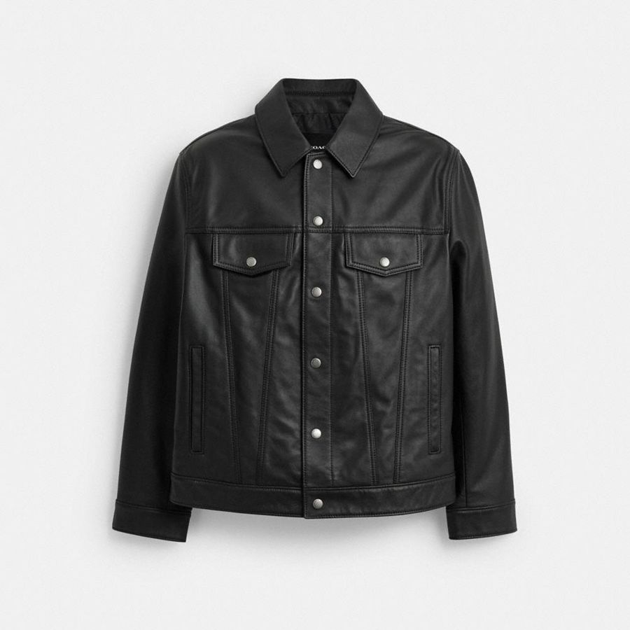 Black Men COACH® Regnerative Leather Trucker Jacket | 39701GZYH