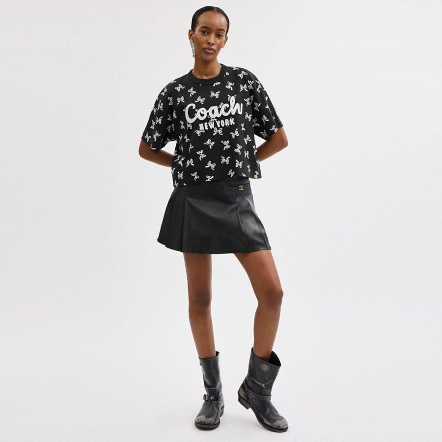 Black Women COACH® Bow Print Cursive Signature Cropped T-Shirt | 40372KWQF
