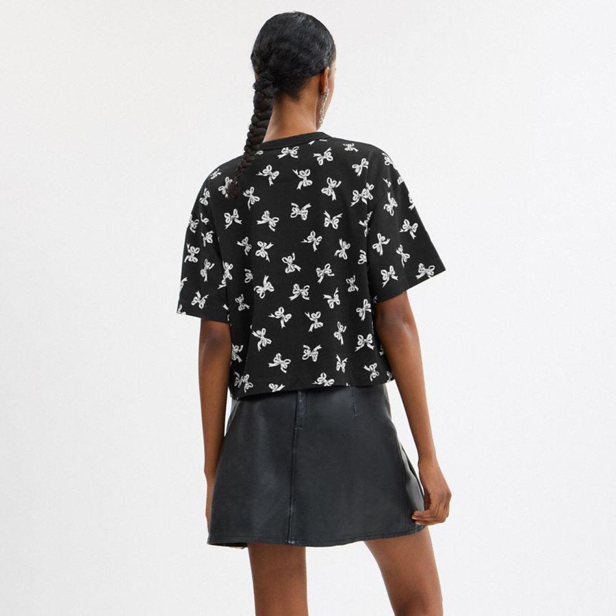 Black Women COACH® Bow Print Cursive Signature Cropped T-Shirt | 40372KWQF