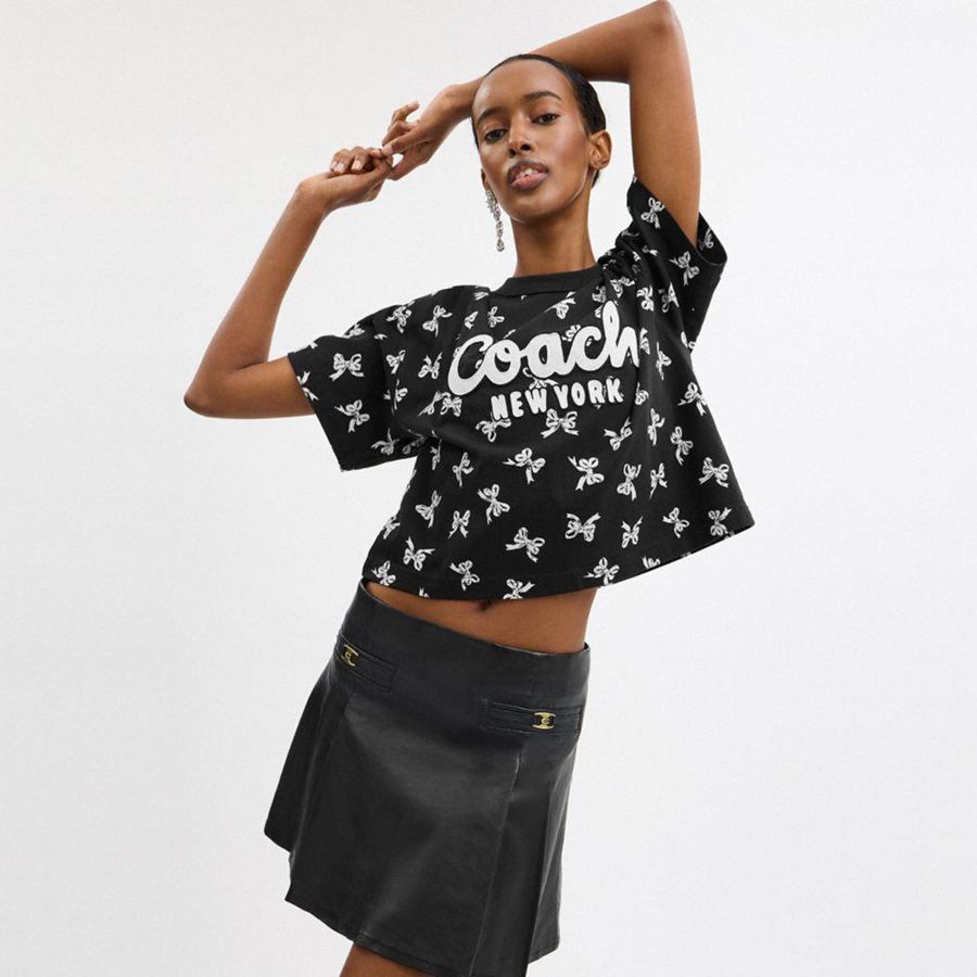 Black Women COACH® Bow Print Cursive Signature Cropped T-Shirt | 40372KWQF