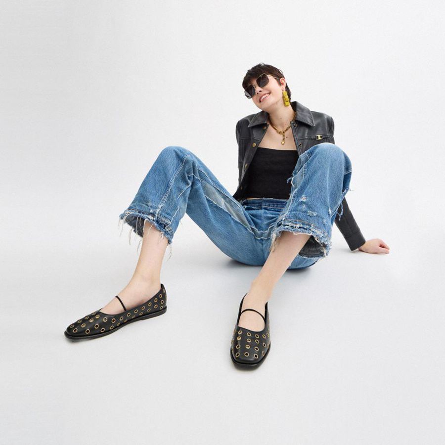 Black Women COACH® Emilia Mary Jane With Grommets Loafers | 80327PHOJ