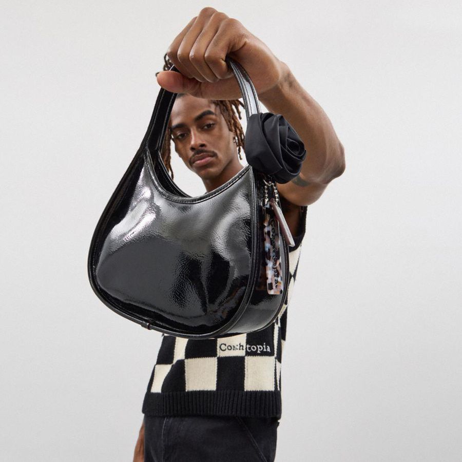 Black Women COACH® Ergo In Crinkle Patent Coachtopia Leather With Rosette Hobo Bag | 64729TUAE