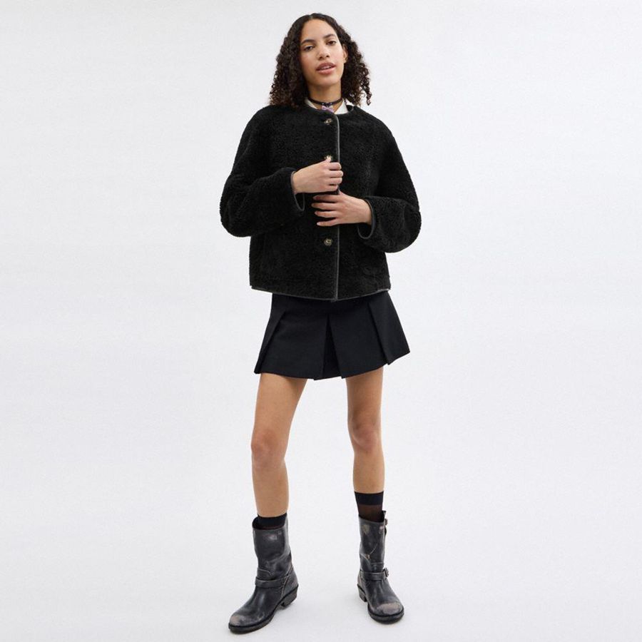 Black Women COACH® Fluffy Shearling Coat | 06712MQOB