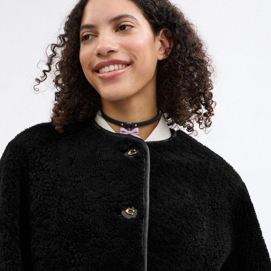 Black Women COACH® Fluffy Shearling Coat | 06712MQOB