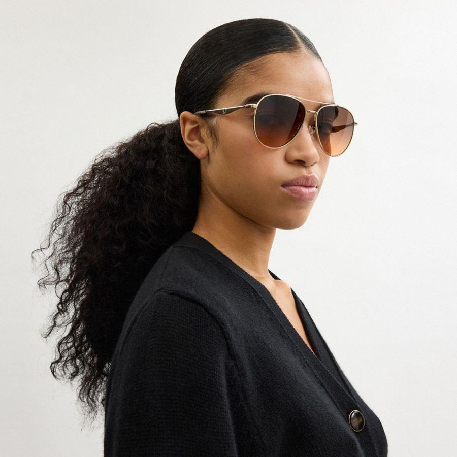 Black Women COACH® Hardware Metal Pilot Sunglasses | 89532KABR