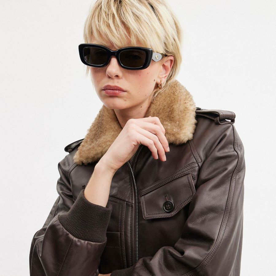 Black Women COACH® Hardware Narrow Rectangle Sunglasses | 21759WGXC