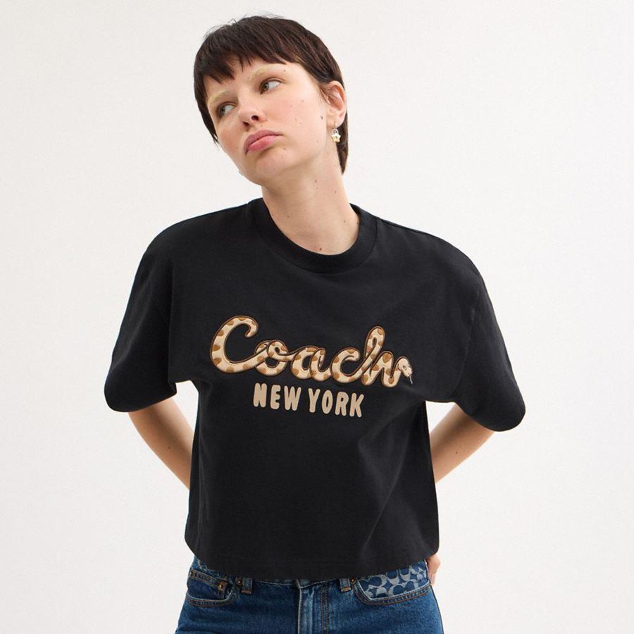 Black Women COACH® New Year Coach Snake Script Cropped In Organic Cotton T-Shirt | 14057AQLJ