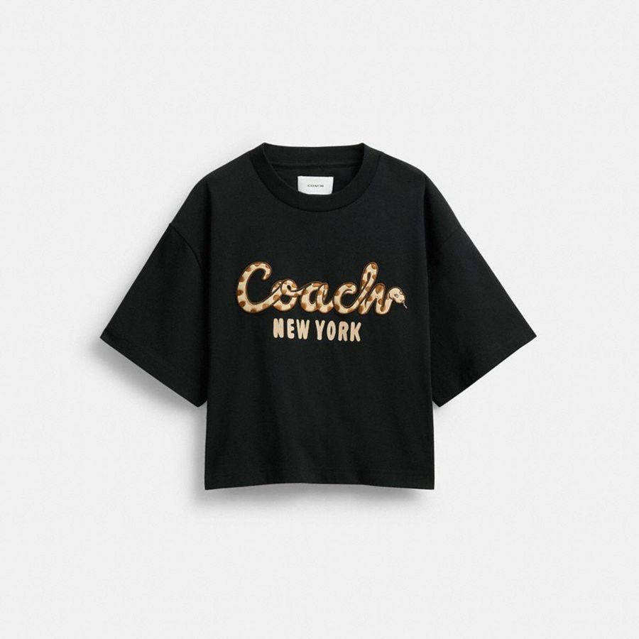 Black Women COACH® New Year Coach Snake Script Cropped In Organic Cotton T-Shirt | 14057AQLJ
