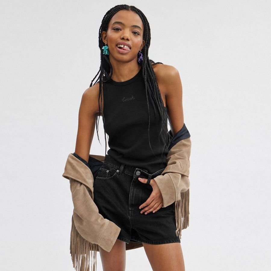 Black Women COACH® Ribbed Coach Script Tank Top T-Shirt | 17943SYTP