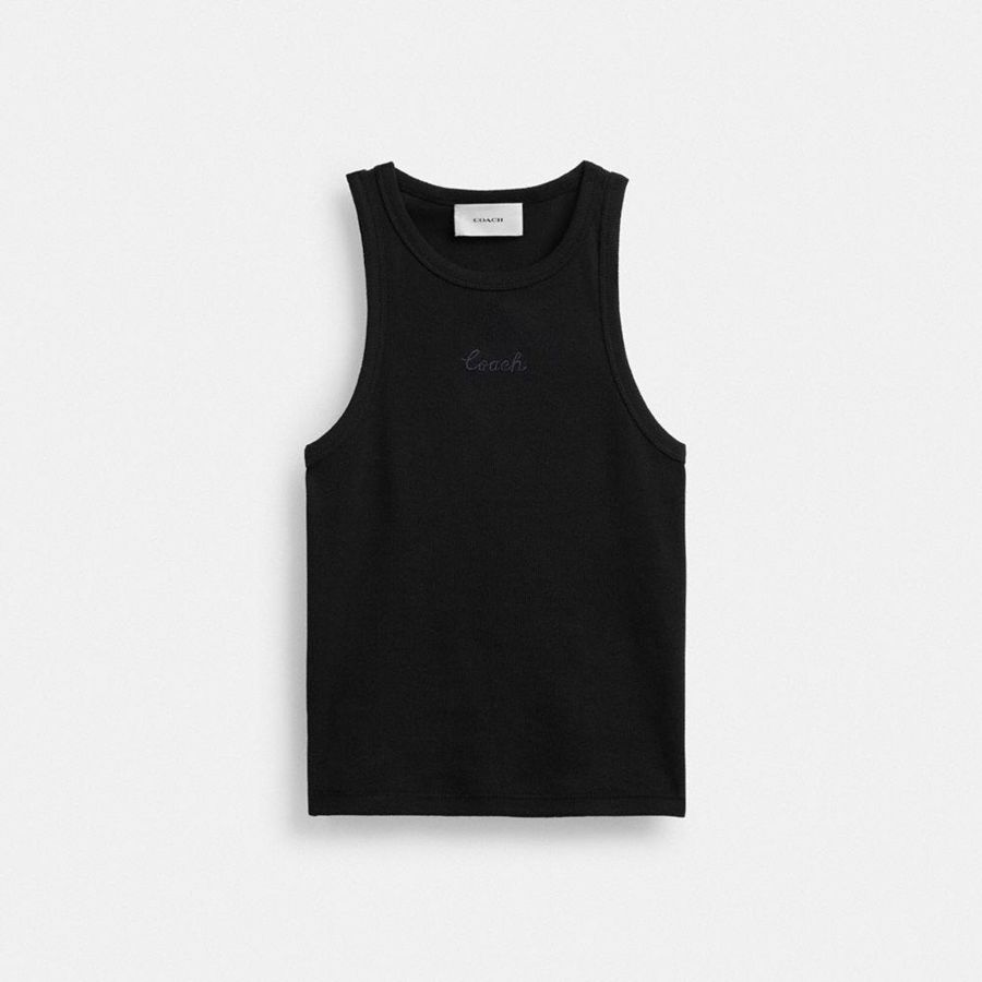 Black Women COACH® Ribbed Coach Script Tank Top T-Shirt | 17943SYTP