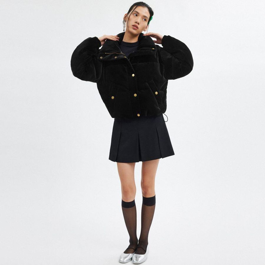Black Women COACH® Velvet Puffer Jacket | 83402VWGM