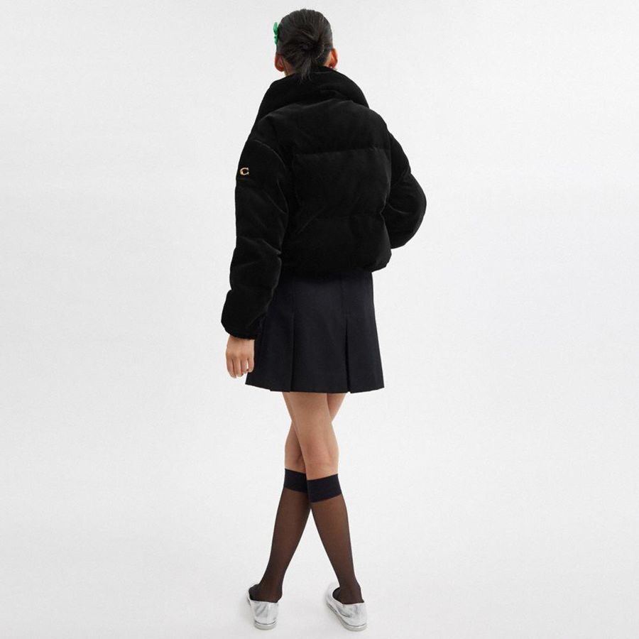Black Women COACH® Velvet Puffer Jacket | 83402VWGM