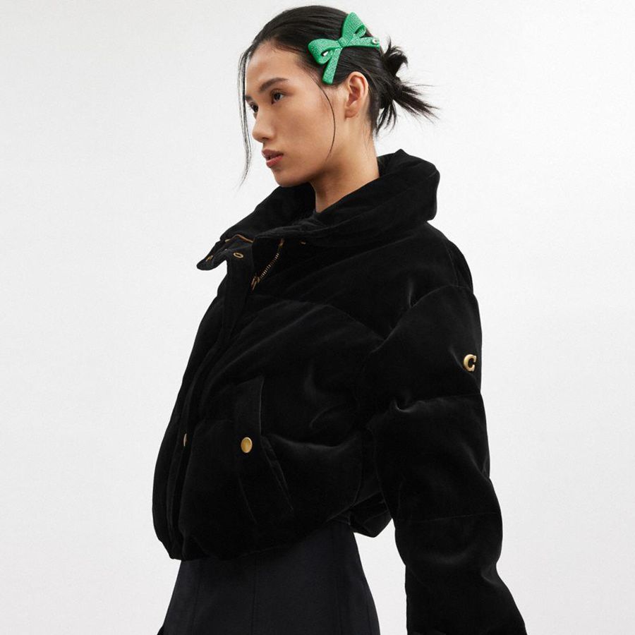 Black Women COACH® Velvet Puffer Jacket | 83402VWGM