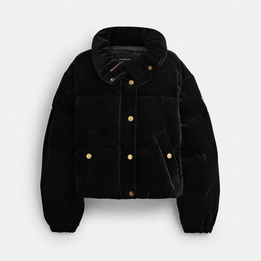 Black Women COACH® Velvet Puffer Jacket | 83402VWGM