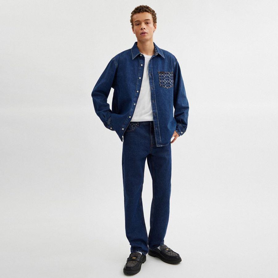 Blue Men COACH® Long Sleeve Denim Shirt | 13895EAWL