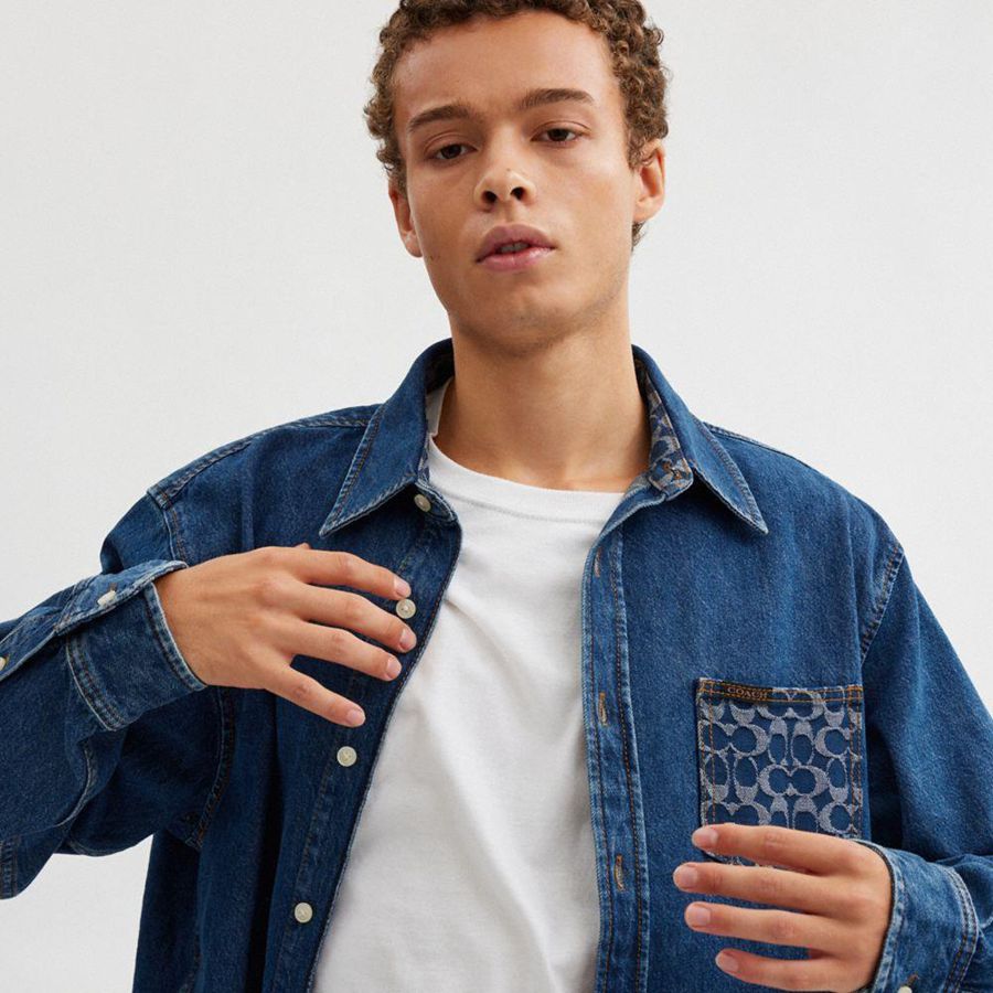 Blue Men COACH® Long Sleeve Denim Shirt | 13895EAWL