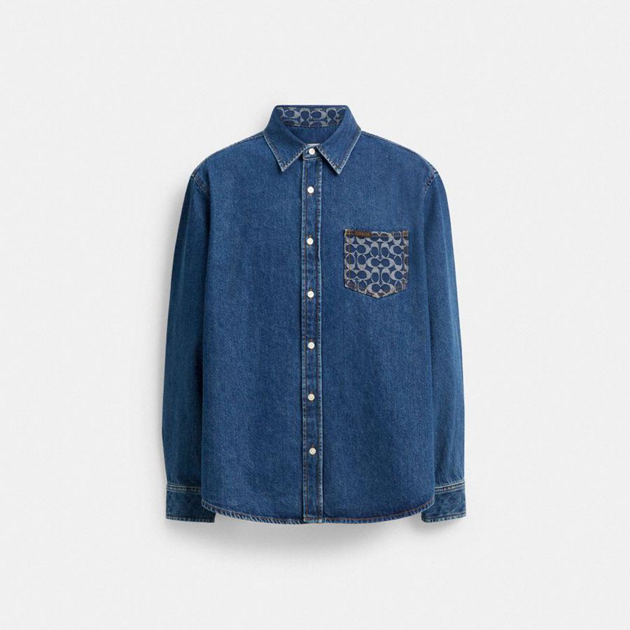 Blue Men COACH® Long Sleeve Denim Shirt | 13895EAWL