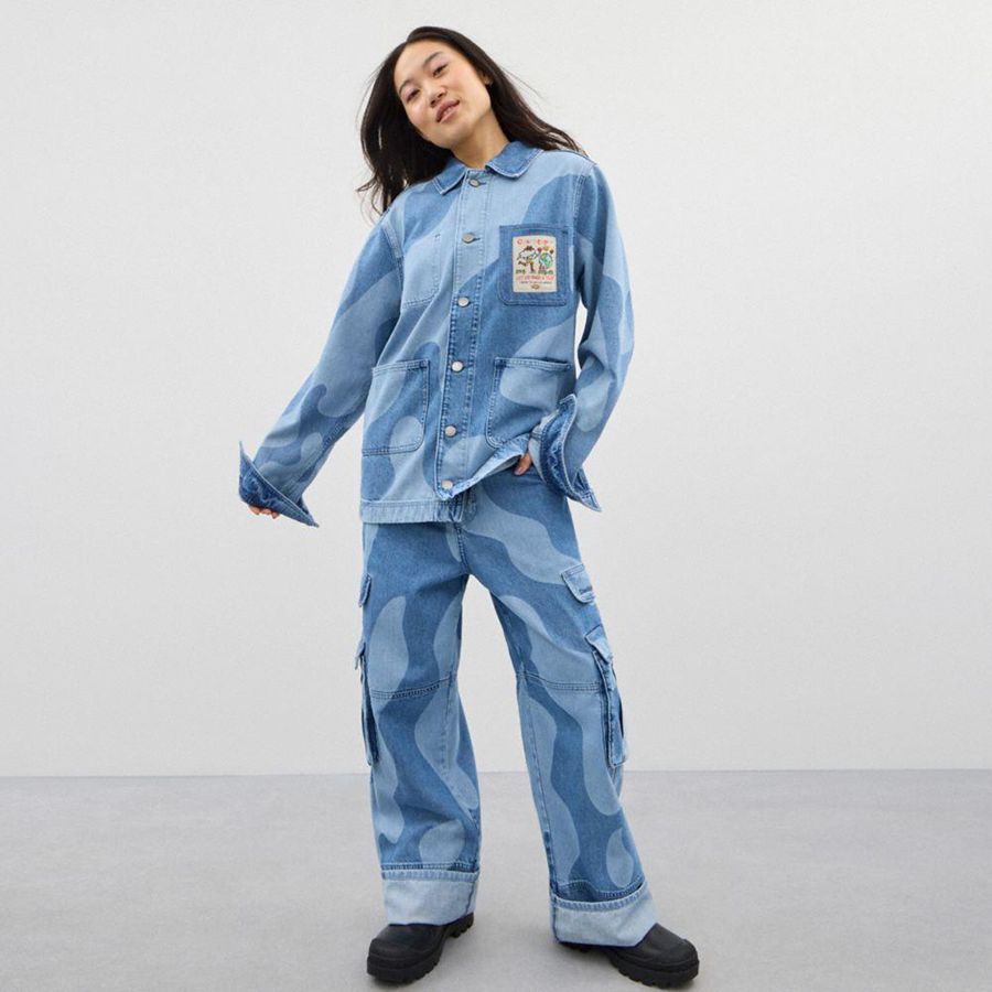 Blue Women COACH® Cargo With Wavy Wash Pants | 50173SHNT