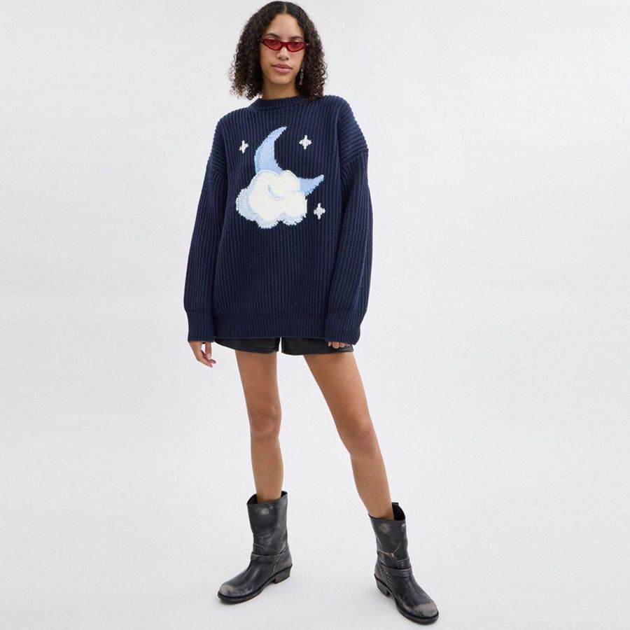 Blue Women COACH® Chunky Graphic In Recycled Wool Sweater | 19603WNCJ