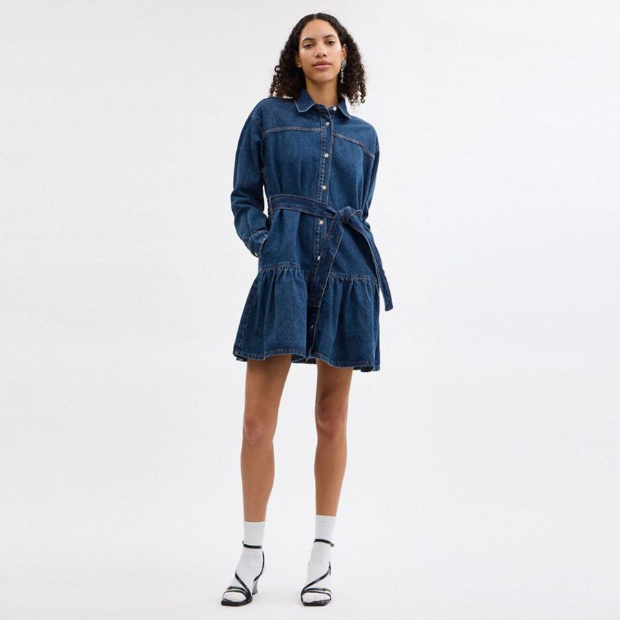 Blue Women COACH® Denim Shirt Dress | 93564XAJZ