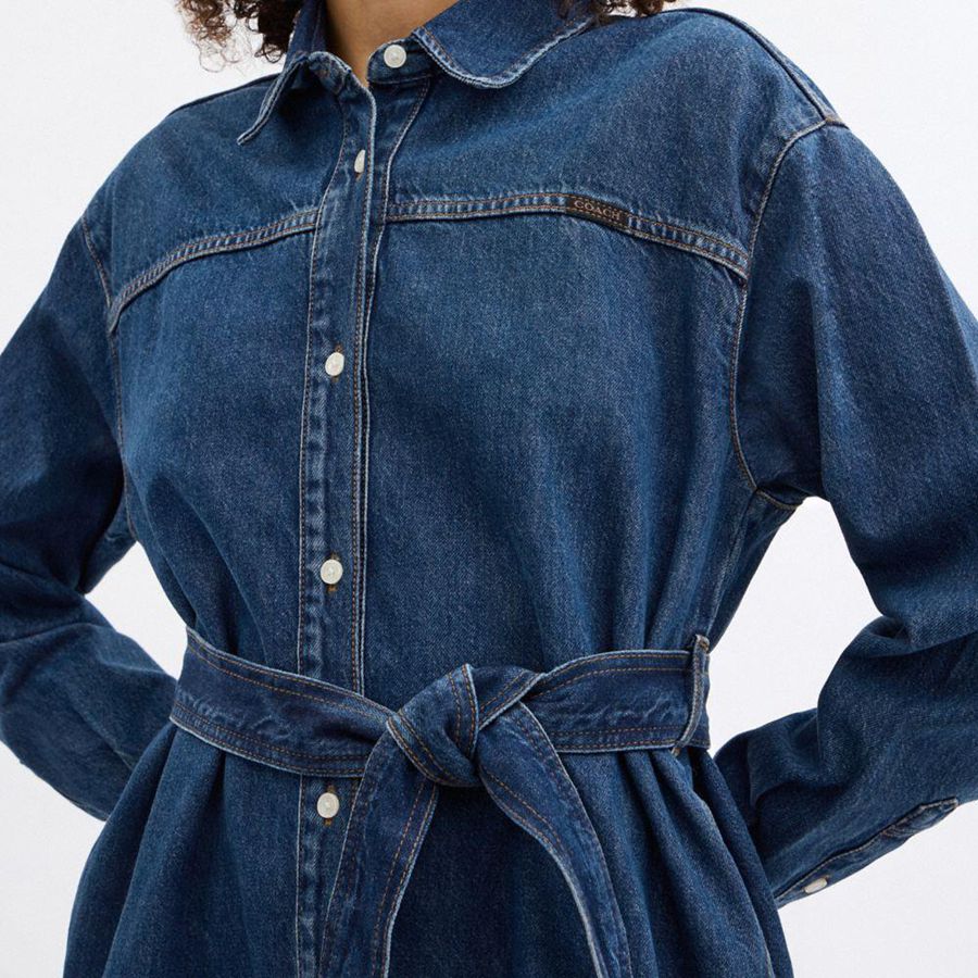Blue Women COACH® Denim Shirt Dress | 93564XAJZ