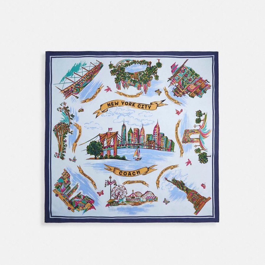 Blue Women COACH® New York Map Print Silk Square Scarf | 64705KSUE