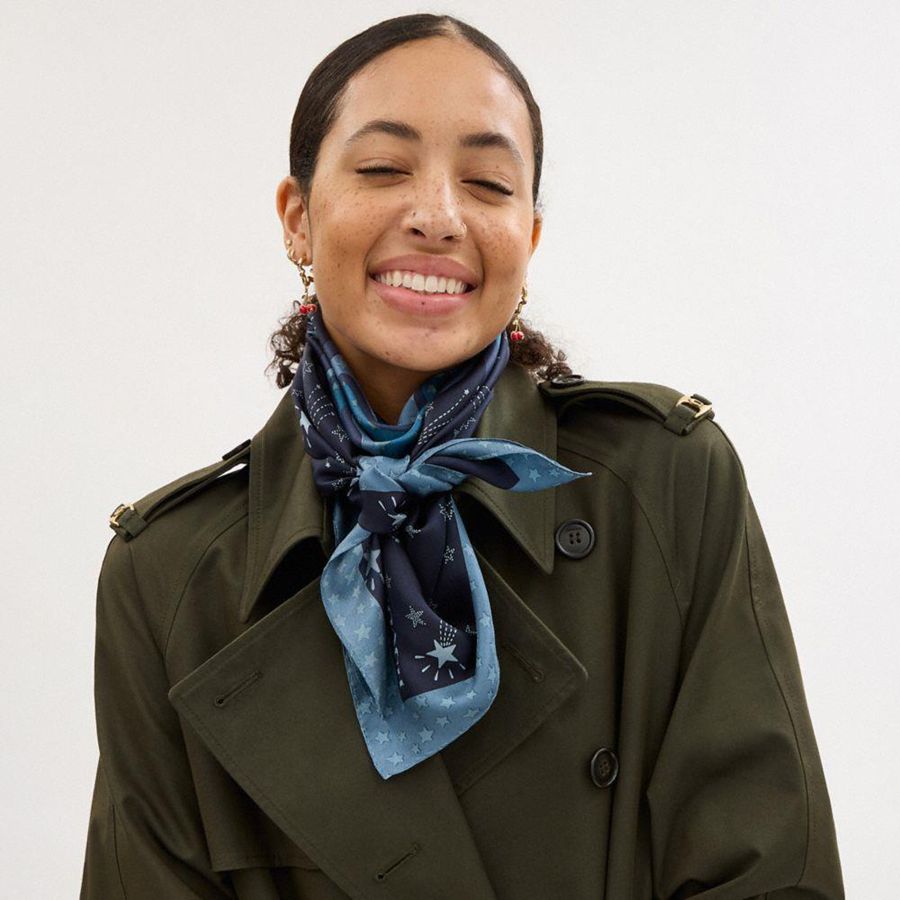 Blue Women COACH® Shooting Star Rexy Print Silk Square Scarf | 90314FMUH
