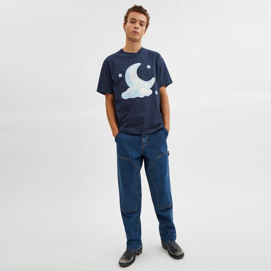 Blue Women COACH® Signature Moon Relaxed In Organic Cotton T-Shirt | 98735NILU