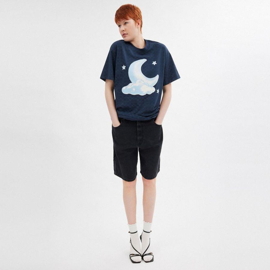 Blue Women COACH® Signature Moon Relaxed In Organic Cotton T-Shirt | 98735NILU