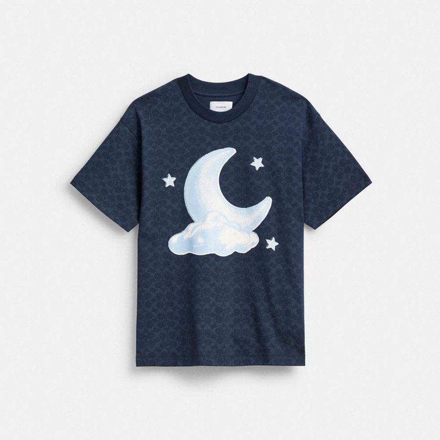 Blue Women COACH® Signature Moon Relaxed In Organic Cotton T-Shirt | 98735NILU