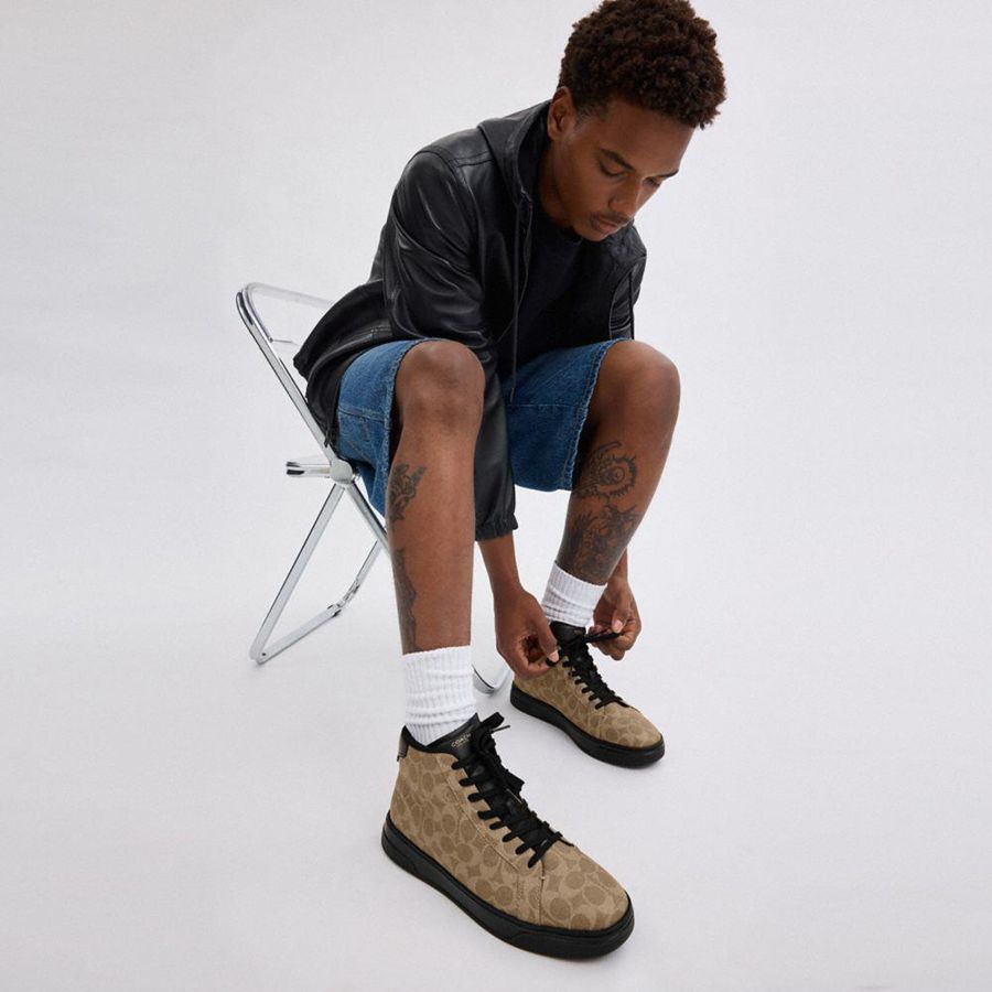 Brown Men COACH® High Line High Top In Signature Canvas Sneakers | 41839NBLP