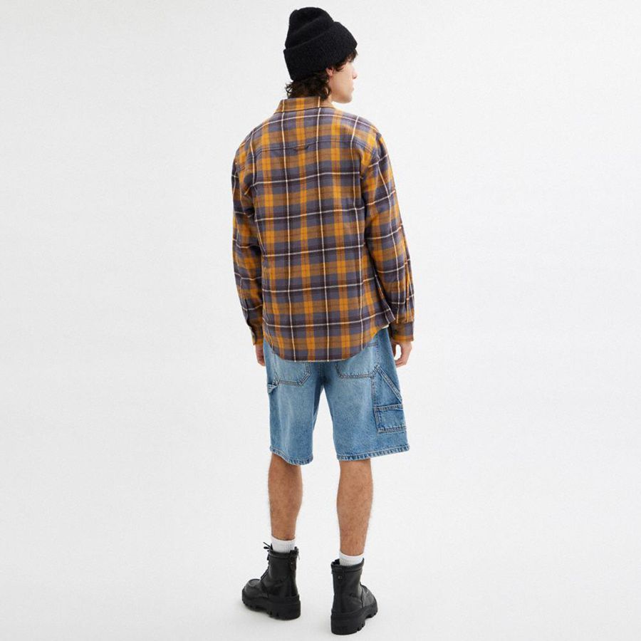 Brown Men COACH® Plaid Button Down Shirt | 65204JBXD