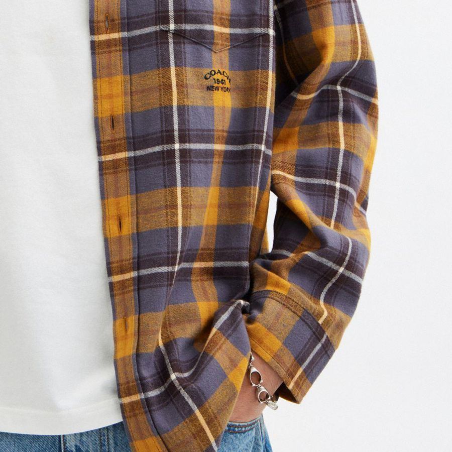 Brown Men COACH® Plaid Button Down Shirt | 65204JBXD