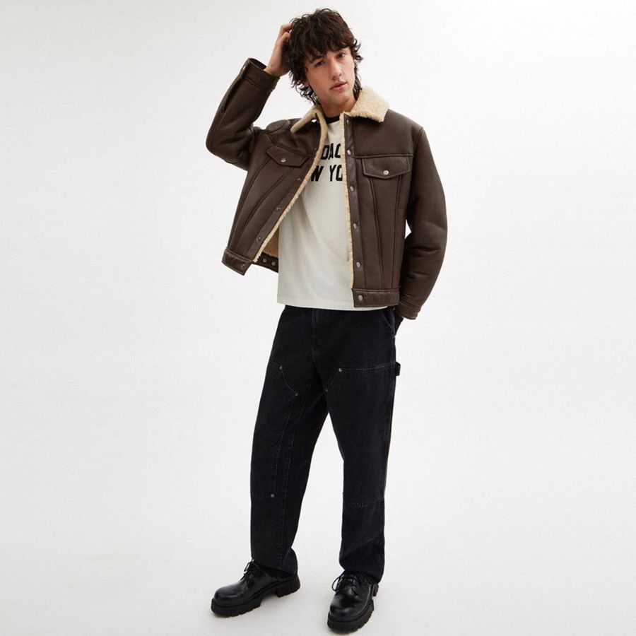 Brown Men COACH® Shearling Trucker Jacket | 08135ROBU