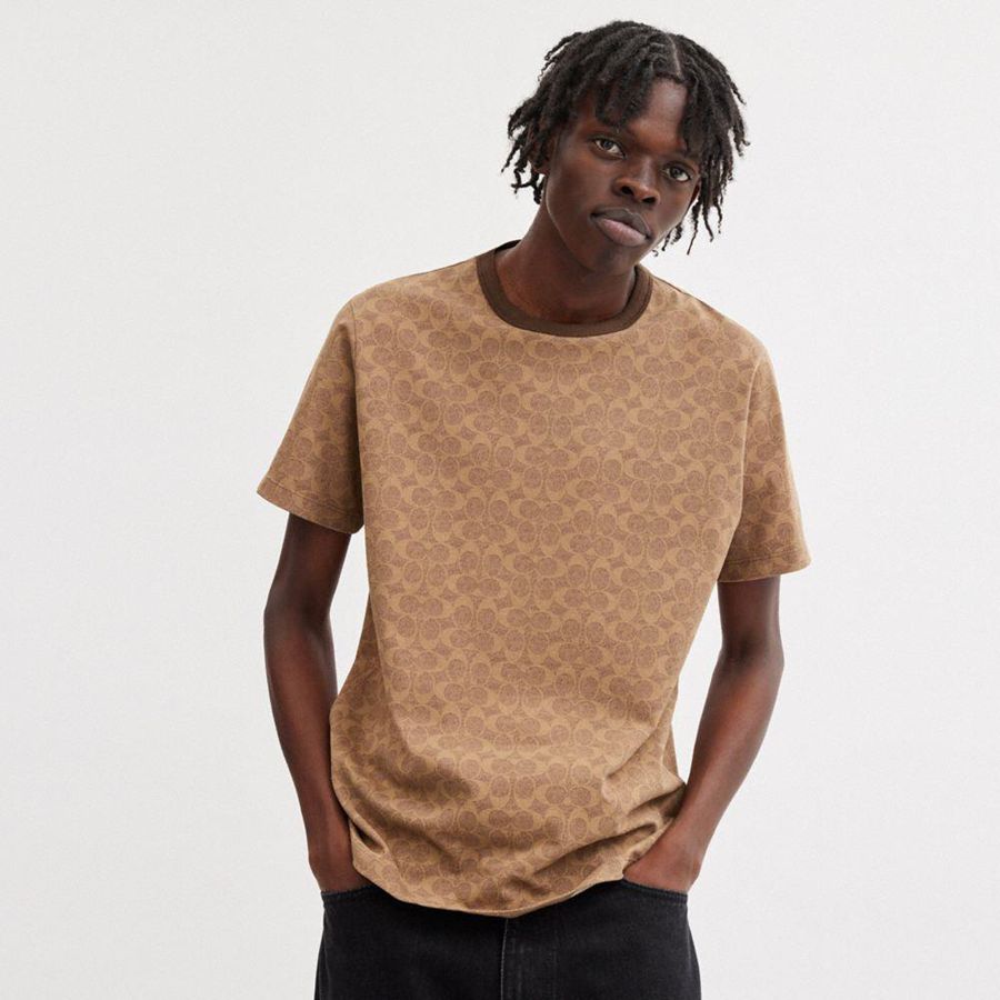 Brown Men COACH® Signature T-Shirt | 98527URWX
